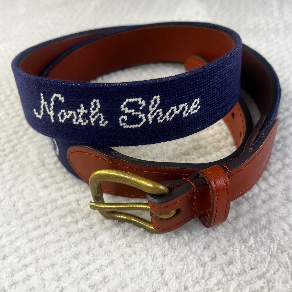 Smathers & Branson North Shore 1920 Needlepoint Belt Navy Leather Brass Size 38